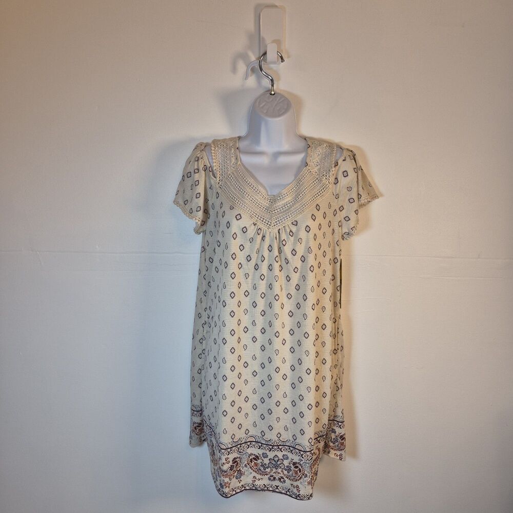 Absolutely Famous Women's Cold Shoulder Mini Dress Size M Beige Boho Lace